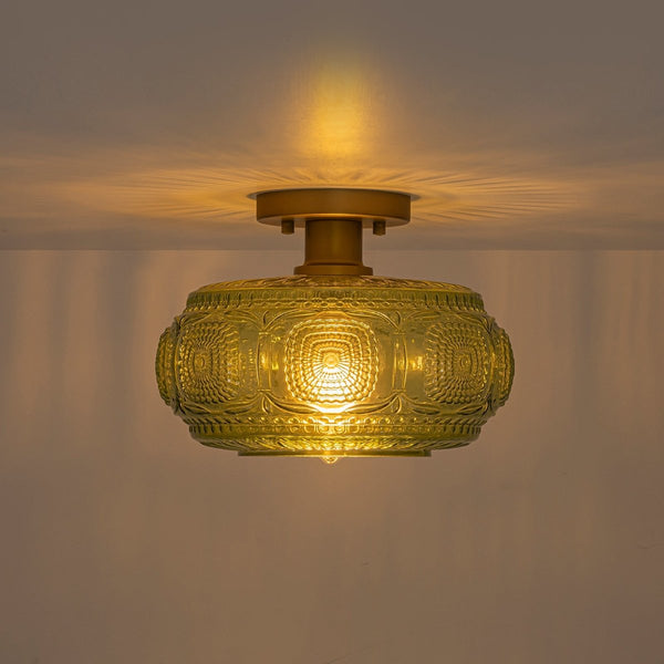 Chandelierias-Translucent Green 1-Light Embossed Glass Drum Semi-flush Mount-Semi Flush-Brass-