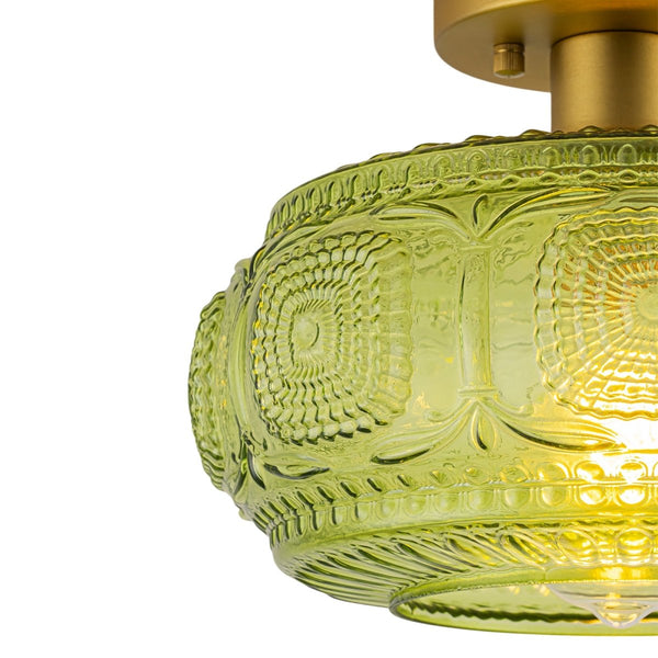 Chandelierias-Translucent Green 1-Light Embossed Glass Drum Semi-flush Mount-Semi Flush-Brass-