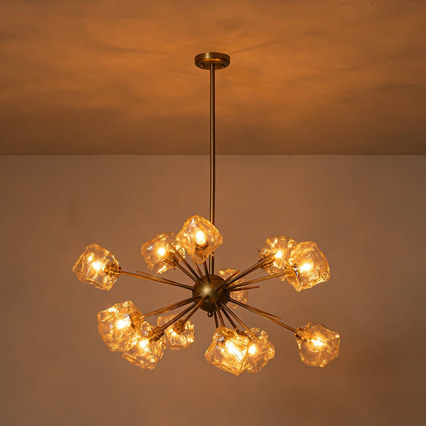 Chandelierias-Unique 12-Light Melting Ice Glass Cube Sputnik Chandelier-Chandeliers-Brass-12 Bulbs