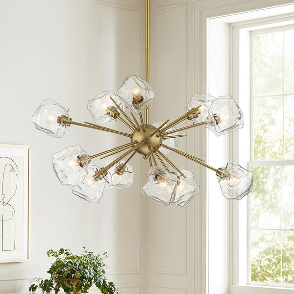Chandelierias-Unique 12-Light Melting Ice Glass Cube Sputnik Chandelier-Chandeliers-Brass-12 Bulbs