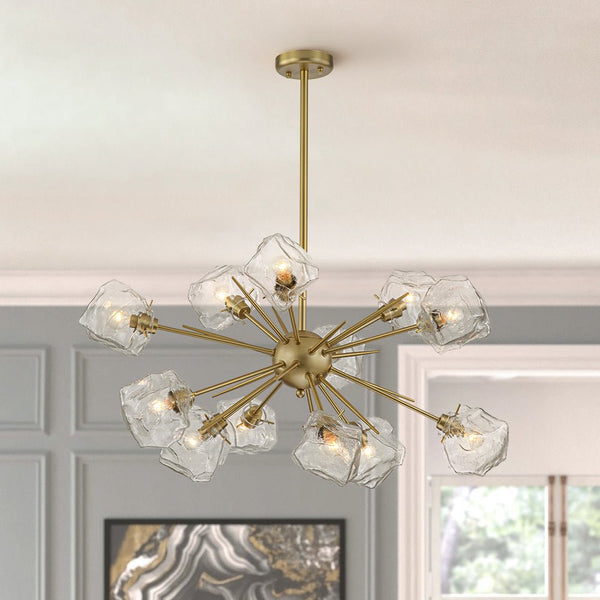 Chandelierias-Unique 12-Light Melting Ice Glass Cube Sputnik Chandelier-Chandeliers-Brass-12 Bulbs
