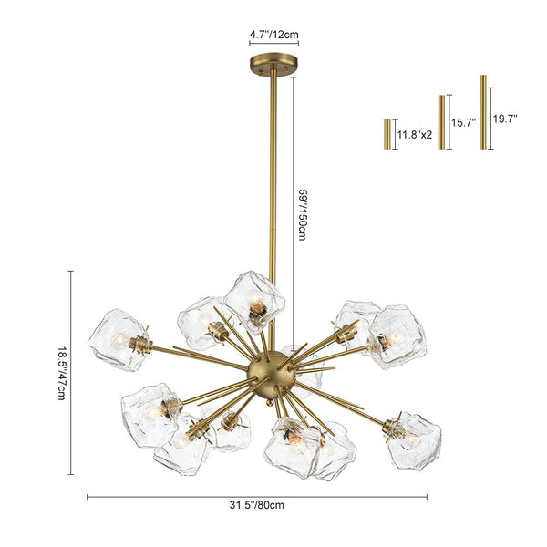 Chandelierias-Unique 12-Light Melting Ice Glass Cube Sputnik Chandelier-Chandeliers-Brass-12 Bulbs