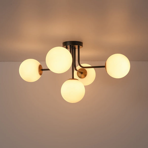 Chandelierias - Unique 5 - Light Milk Glass Sputnik Semi - Flush Mount - Semi Flush - Black & Brass -