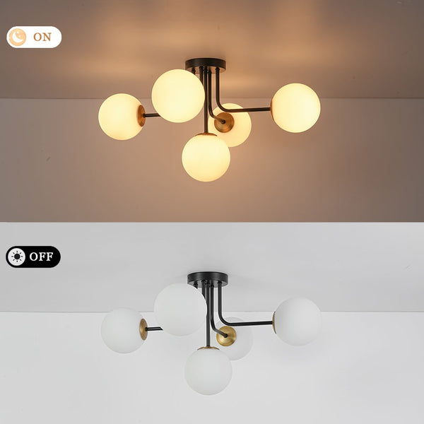 Chandelierias-Unique 5-Light Milk Glass Sputnik Semi-Flush Mount-Semi Flush-Black & Brass-