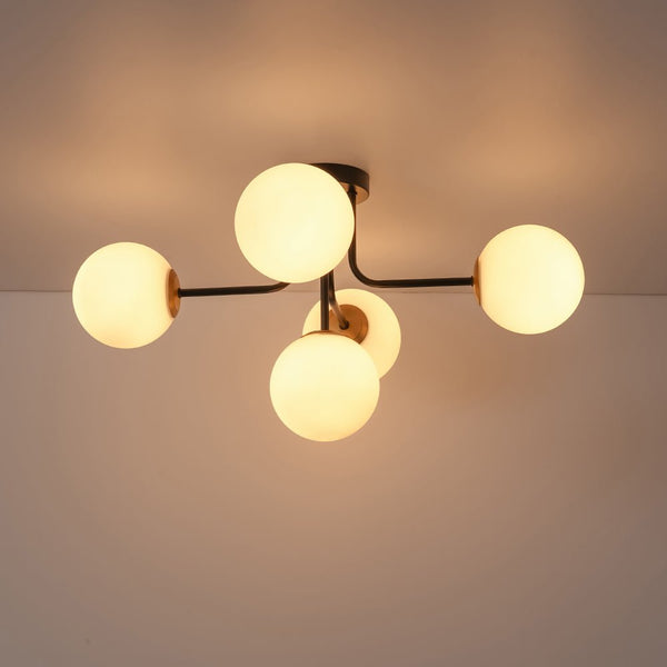 Chandelierias - Unique 5 - Light Milk Glass Sputnik Semi - Flush Mount - Semi Flush - Black & Brass -