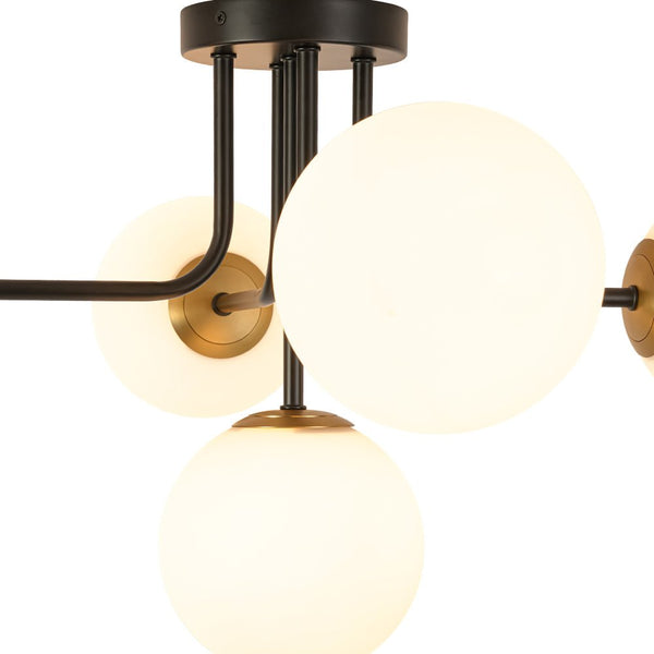 Chandelierias - Unique 5 - Light Milk Glass Sputnik Semi - Flush Mount - Semi Flush - Black & Brass -