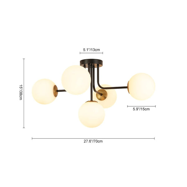 Chandelierias - Unique 5 - Light Milk Glass Sputnik Semi - Flush Mount - Semi Flush - Black & Brass -