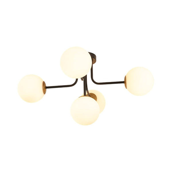 Chandelierias - Unique 5 - Light Milk Glass Sputnik Semi - Flush Mount - Semi Flush - Black & Brass -