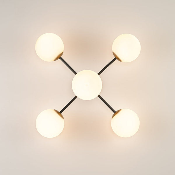 Chandelierias - Unique 5 - Light Milk Glass Sputnik Semi - Flush Mount - Semi Flush - Black & Brass -