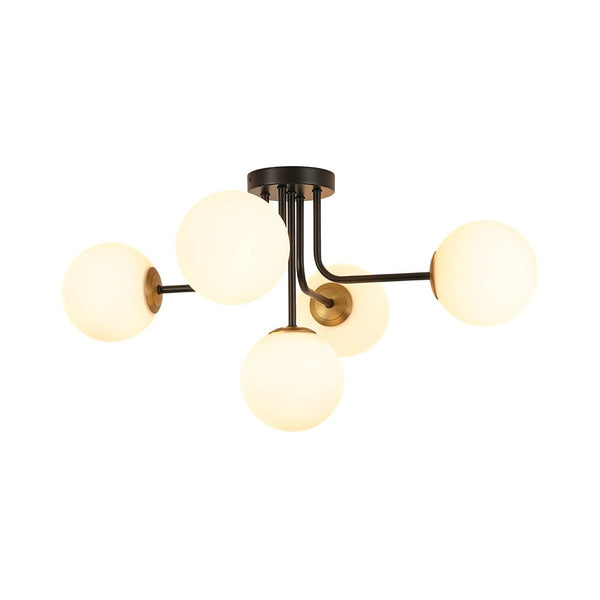 Chandelierias - Unique 5 - Light Milk Glass Sputnik Semi - Flush Mount - Semi Flush - Black & Brass -