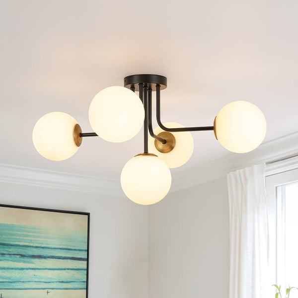 Chandelierias - Unique 5 - Light Milk Glass Sputnik Semi - Flush Mount - Semi Flush - Black & Brass -