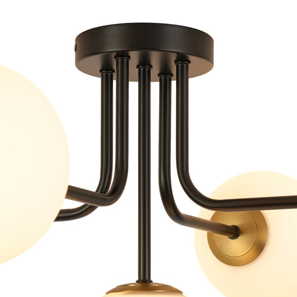 Chandelierias - Unique 5 - Light Milk Glass Sputnik Semi - Flush Mount - Semi Flush - Black & Brass -