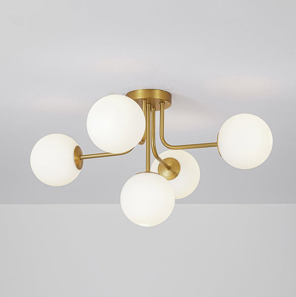 Chandelierias-Unique 5-Light Milk Glass Sputnik Semi-Flush Mount-Semi Flush-Brass-