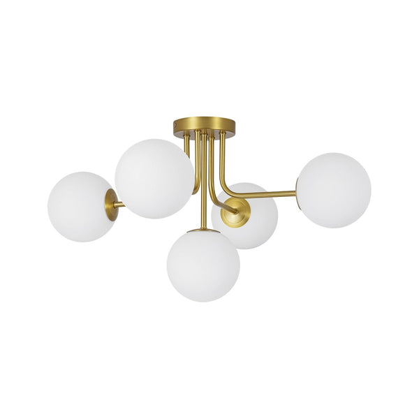 Chandelierias-Unique 5-Light Milk Glass Sputnik Semi-Flush Mount-Semi Flush-Brass-