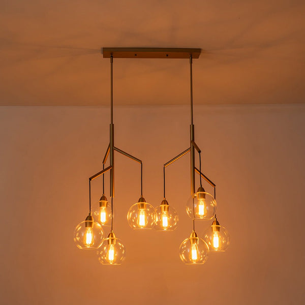 Chandelierias - Unique 8 - Light Clear Glass Globes Fruits Branch Linear Chandelier - Chandeliers - Brass -