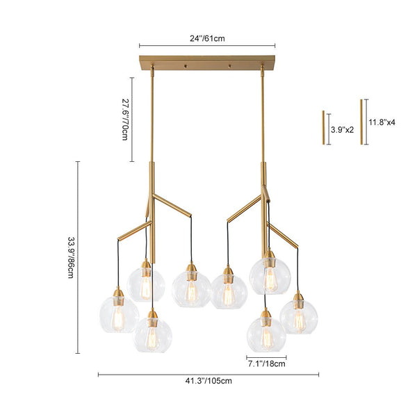 Chandelierias - Unique 8 - Light Clear Glass Globes Fruits Branch Linear Chandelier - Chandeliers - Brass -