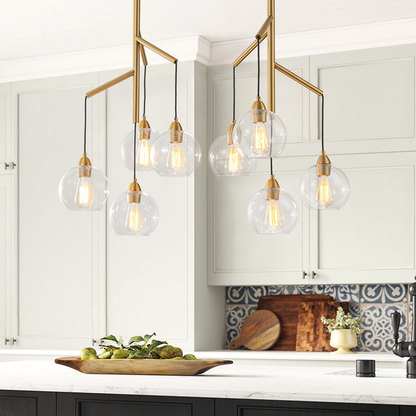 Chandelierias - Unique 8 - Light Clear Glass Globes Fruits Branch Linear Chandelier - Chandeliers - Brass -