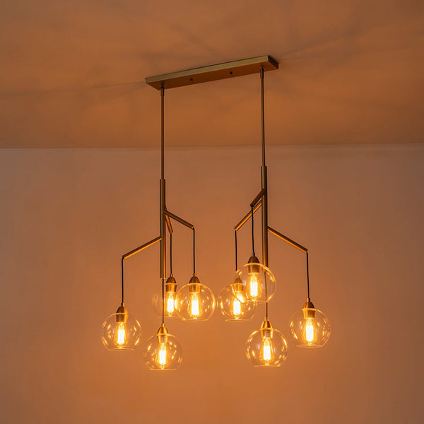 Chandelierias - Unique 8 - Light Clear Glass Globes Fruits Branch Linear Chandelier - Chandeliers - Brass -