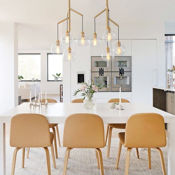 Chandelierias - Unique 8 - Light Clear Glass Globes Fruits Branch Linear Chandelier - Chandeliers - Brass -