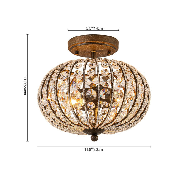 Chandelierias-Vintage 2-Light Crystal Oval Lantern Semi-Flush Mount-Semi Flush-Antique Bronze-