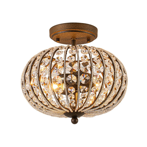 Chandelierias-Vintage 2-Light Crystal Oval Lantern Semi-Flush Mount-Semi Flush-Antique Bronze-