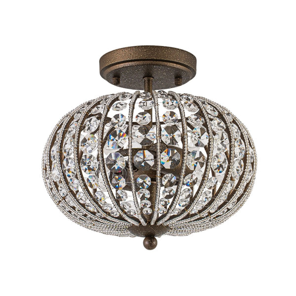 Chandelierias-Vintage 2-Light Crystal Oval Lantern Semi-Flush Mount-Semi Flush-Antique Bronze-