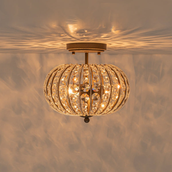 Chandelierias-Vintage 2-Light Crystal Oval Lantern Semi-Flush Mount-Semi Flush-Antique Bronze-