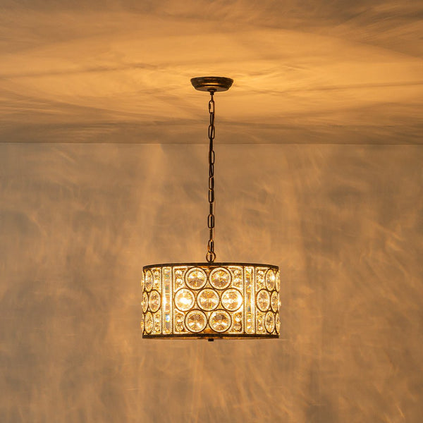 Chandelierias - Vintage Mottled 4 - Light Crystal Drum Pendant - Pendant - Antique Bronze -