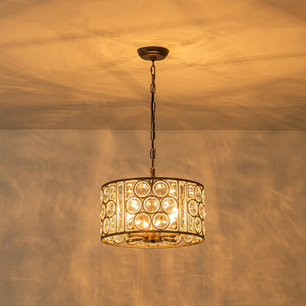 Chandelierias - Vintage Mottled 4 - Light Crystal Drum Pendant - Pendant - Antique Bronze -