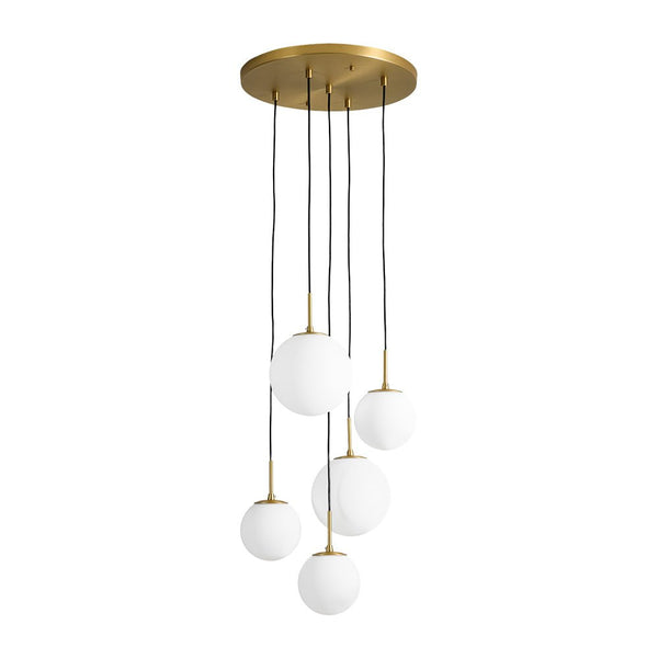 Chandelierias - Waterfall 5 - Light Frosted White Glass Globe Cluster Pendant Chandelier - Brass -