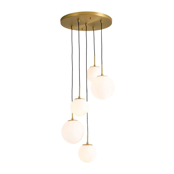 Chandelierias - Waterfall 5 - Light Frosted White Glass Globe Cluster Pendant Chandelier - Brass -