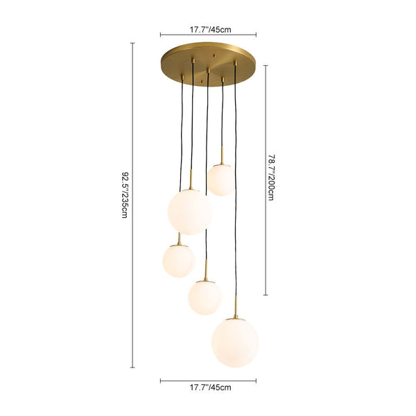 Chandelierias - Waterfall 5 - Light Frosted White Glass Globe Cluster Pendant Chandelier - Brass -