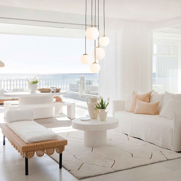 Chandelierias - Waterfall 5 - Light Frosted White Glass Globe Cluster Pendant Chandelier - Brass -