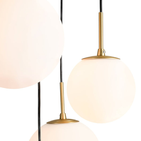 Chandelierias - Waterfall 5 - Light Frosted White Glass Globe Cluster Pendant Chandelier - Brass -