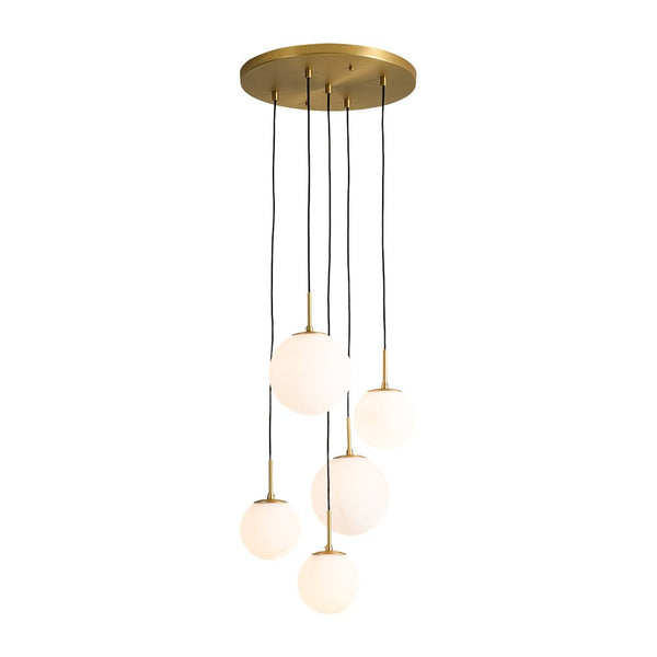 Chandelierias - Waterfall 5 - Light Frosted White Glass Globe Cluster Pendant Chandelier - Brass -