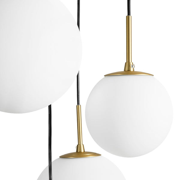 Chandelierias - Waterfall 5 - Light Frosted White Glass Globe Cluster Pendant Chandelier - Brass -