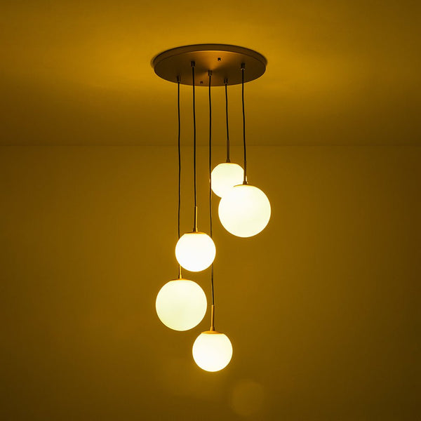 Chandelierias - Waterfall 5 - Light Frosted White Glass Globe Cluster Pendant Chandelier - Brass -