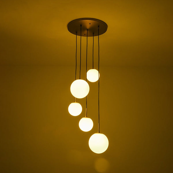 Chandelierias - Waterfall 5 - Light Frosted White Glass Globe Cluster Pendant Chandelier - Brass -