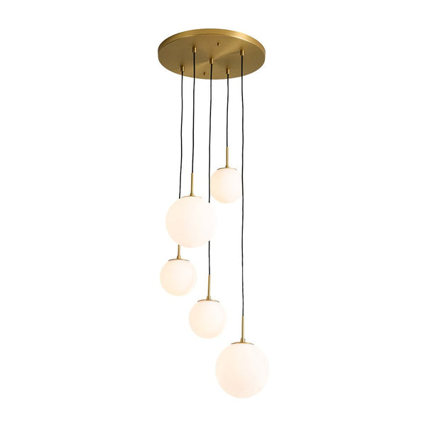 Chandelierias - Waterfall 5 - Light Frosted White Glass Globe Cluster Pendant Chandelier - Brass -