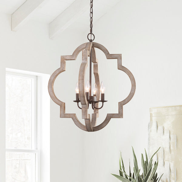 3-Light Wood Chandelier Lantern Pendant Light