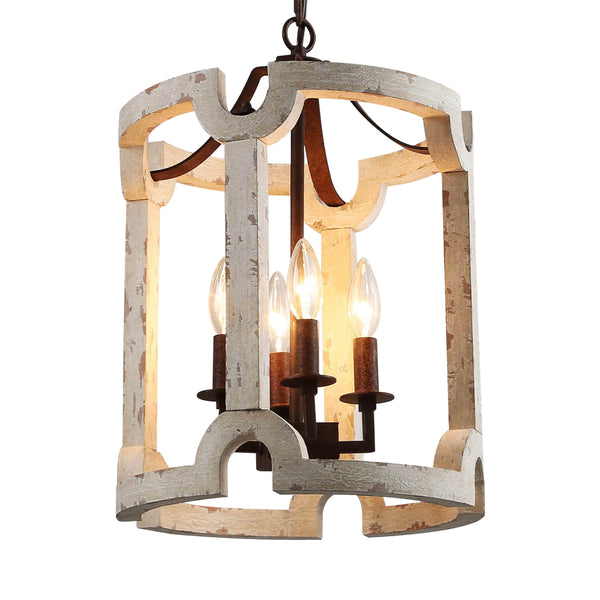 4-Light Drum Distressed White Wood Chandelier
