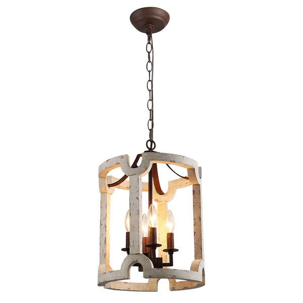 4-Light Drum Distressed White Wood Chandelier