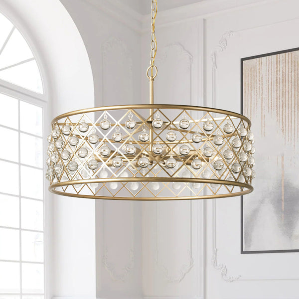 Mid-Century Metal Drum Chandelier with Crystal Spheres