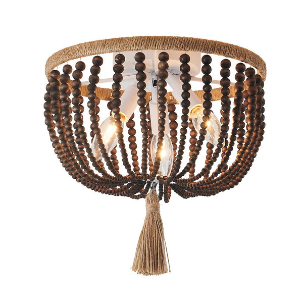 Chandelierias-3-Light Bowl Semi Flush Mount With Beads Accents-Flush Mount-Brown & Wood-