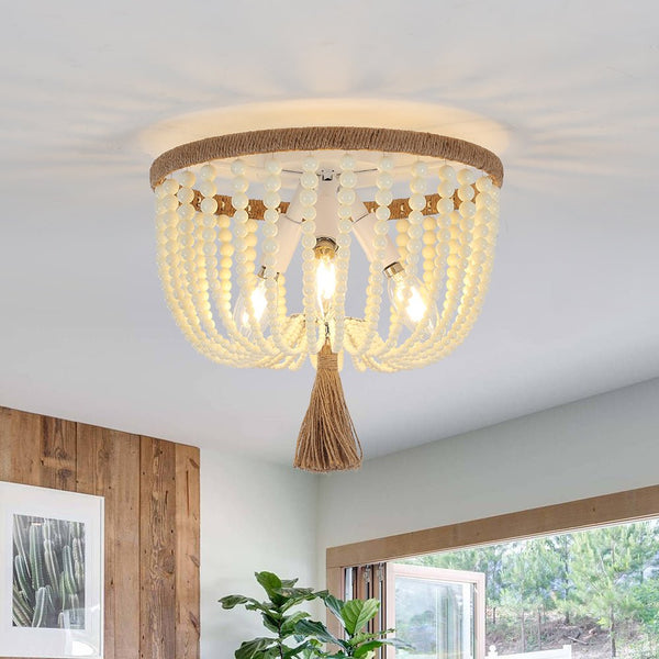 Chandelierias-3-Light Bowl Semi Flush Mount With Beads Accents-Flush Mount-Creamy & Plastic-
