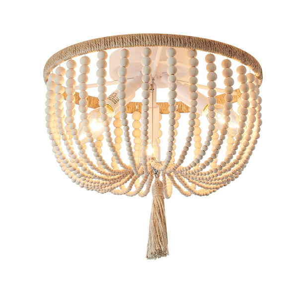 Chandelierias-3-Light Bowl Semi Flush Mount With Beads Accents-Flush Mount-Creamy & Wood-