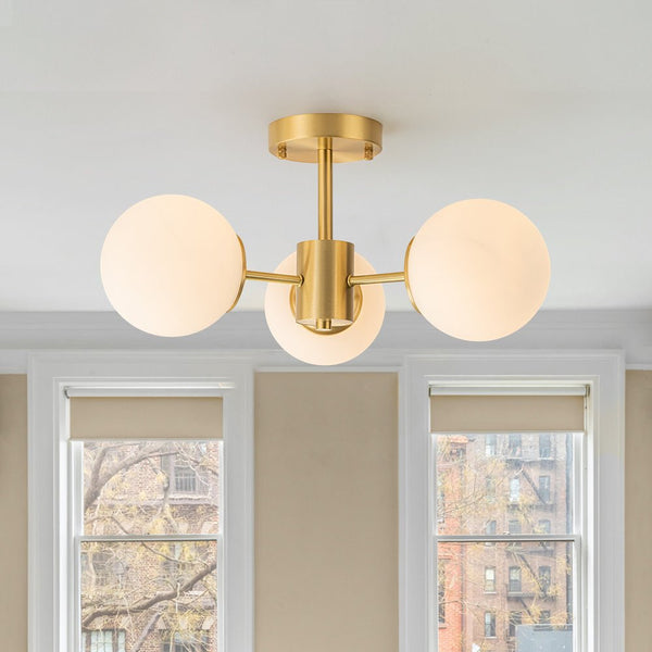 Chandelierias-3-Light Mid-century Frosted Glass Semi-Flush Mount-Semi Flush-Brass-3 Bulbs