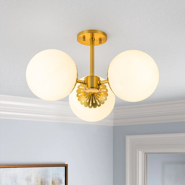 Chandelierias-3-Light Modern Dimmable Opal Glass Globe Semi-Flush Mount-Semi Flush-Brass (Pre-order)-