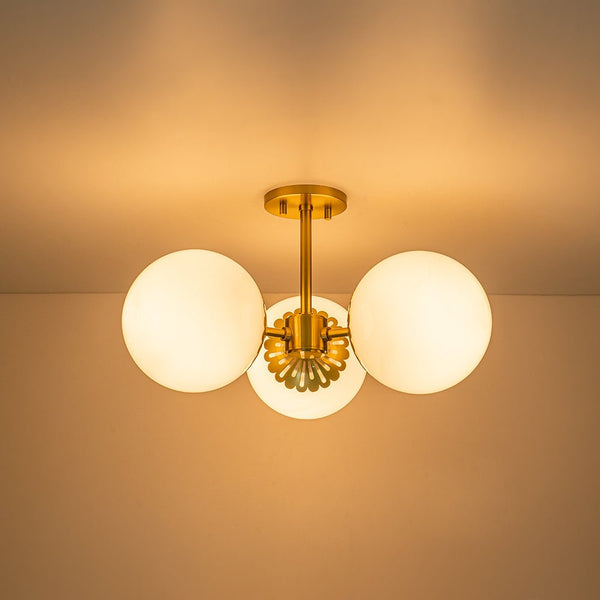 Chandelierias-3-Light Modern Dimmable Opal Glass Globe Semi-Flush Mount-Semi Flush-Brass (Pre-order)-