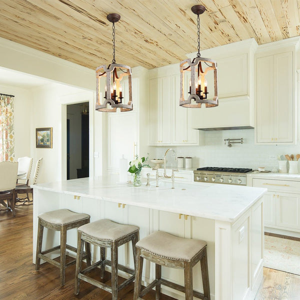 Chandelierias-4-Light Drum Distressed White Wood Chandelier-Chandelier--